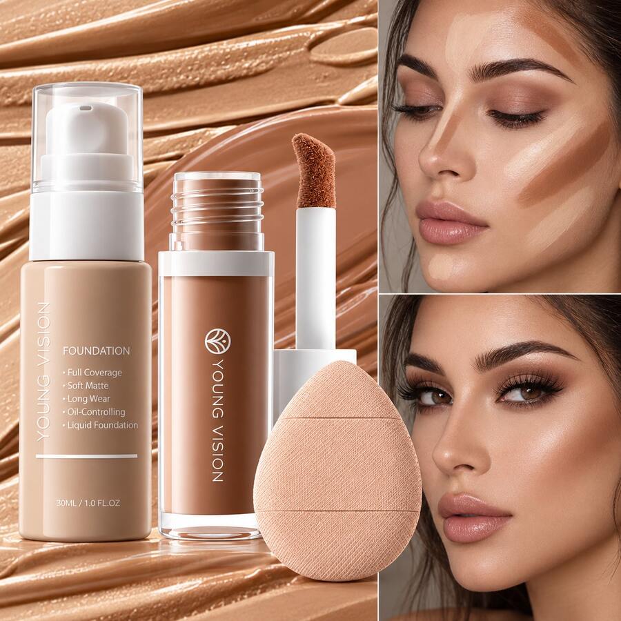 YOUNG VISION Oil-Control Matte Foundation & Matte Contour Liquid & Thumb Puff 3-Piece Set - Long-Lasting Waterproof Sweat-Resistant Facial Contour Makeup Kit For Daily Use And Gifting - Multicolor - View 1