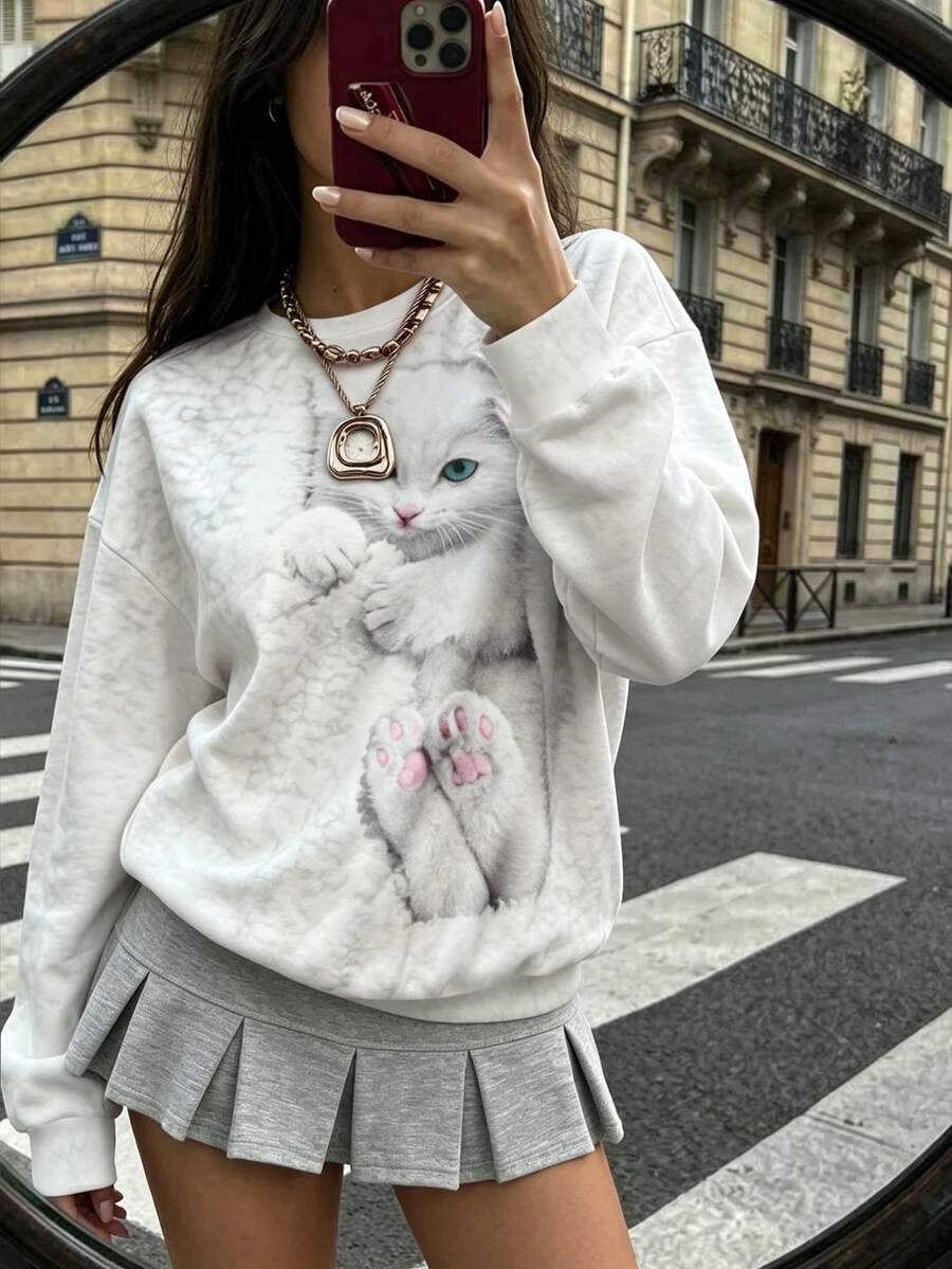 女款可愛貓咪印花圓領聚酯纖維套頭運動衫,長袖標準版型休閒上衣,中等彈性面料 - 白色 - 查看 1