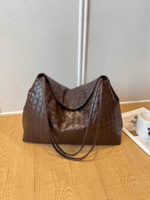 Woven Texture Tote Bag, Dual-Strand Woven Long Shoulder Strap For Shoulder Carry, Large Capacity With Multiple Compartments. Minimalist Premium Commuter Bag, Delicate Three-Dimensional Woven Texture, Can Store Books And Laptop, Versatile Women's Large Shoulder Bag For Daily Work And Travel. - Coffee - View 4