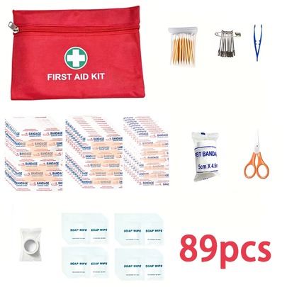 89pcs Compact First Aid Kit, Portable Emergency Survival Medical Box With Scissors And Bandages, For Home, Travel, Business, Vacation, International Travel