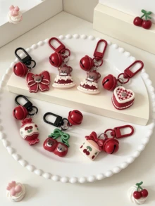 3pcs Random Mixed Cartoon Vintage Berry Red Heart Bow Cherry Cake Bell Keychains, Japanese Girly Style Best Friend Gift, Backpack Charm, Versatile Holiday Gift - Multicolor - View 1