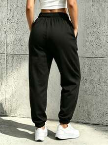 1pc Women's Spring/Autumn Soft Comfortable Breathable Jogging Fitness Sports Long Pants Cuffed Sweatpants, Outdoor Casual, Drawstring Waist - Black - View 3
