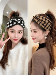 3pcs Random Color Mixed Autumn/Winter Women's Headband Hair Accessory Houndstooth Knitted Woolen Hair Tie Wide Edge Headwrap, Daily Outdoor Wear - Multicolor - View 4