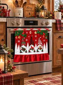 Christmas Elf Family Red Cardinal Print Oven Curtain, Red Scalloped Edge Fabric Oven Curtain, Christmas Kitchen Holiday Decor - Three Dwarfs - View 2