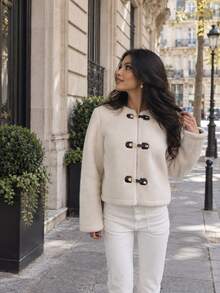 Women's Fleece Jacket, Casual Faux Sherpa, Metal Button, Round Neck, Thick, Warm Outerwear For Autumn/Winter - Beige - View 9