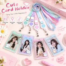 Kawaii Pink ID Card Holder With Retractable Reel, Cute Clear Sliding Card Case, Aesthetic Badge Holder With Charm For Daily Use - Multi-color - View 1