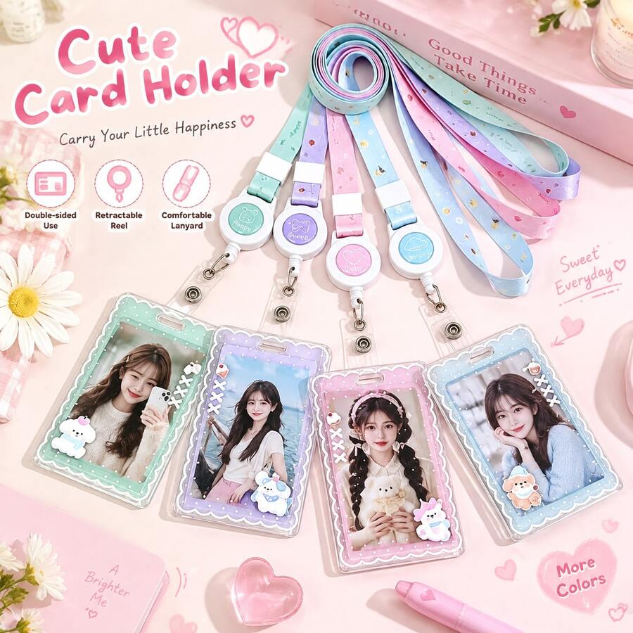 Kawaii Pink ID Card Holder With Retractable Reel, Cute Clear Sliding Card Case, Aesthetic Badge Holder With Charm For Daily Use - Multi-color - View 1