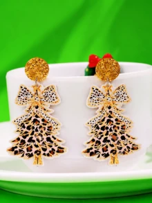 1 Pair Christmas Vintage Exquisite Cute Casual Cool Unique Creative Design High-End Leopard Print Christmas Tree Acrylic Earrings For Women Daily Holiday Party Outfit Gift Jewelry - Multicolor - View 2