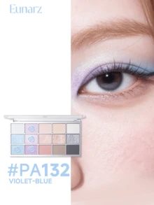 Palet Eyeshadow Eunarz 15 Warna, Palet Makeup All-In-One Matte Shimmer Metallic Berpigmen Tinggi, Cocok untuk Siang dan Malam, Tahan Lama dan Tidak Mudah Mengkerut - #PA132 PALET BIRU-UNGU - View 4