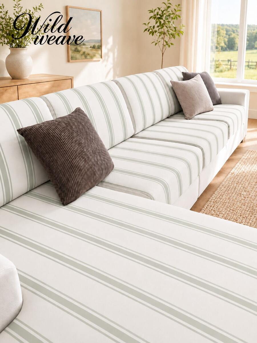 1pc Striped Print Milk Silk Sofa Cushion Cover, High Elasticity Dust-Proof Stain-Resistant Removable Washable All-Season Sofa Slipcover, Suitable For Kitchen, Living Room, Bedroom, Balcony Garden And Multiple Occasions, Single Piece Sold Not Set Sofa Cushion Protector