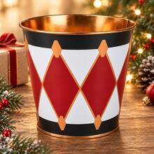 2Pcs Christmas Metal Planters With Golden Interior, Festive Decorative Flower Pots With Golden Printing, Small Round Plant Containers For Holiday Table Centerpiece, Home Decor, Party And Gift Basket - Christmas Flower Pot - View 2