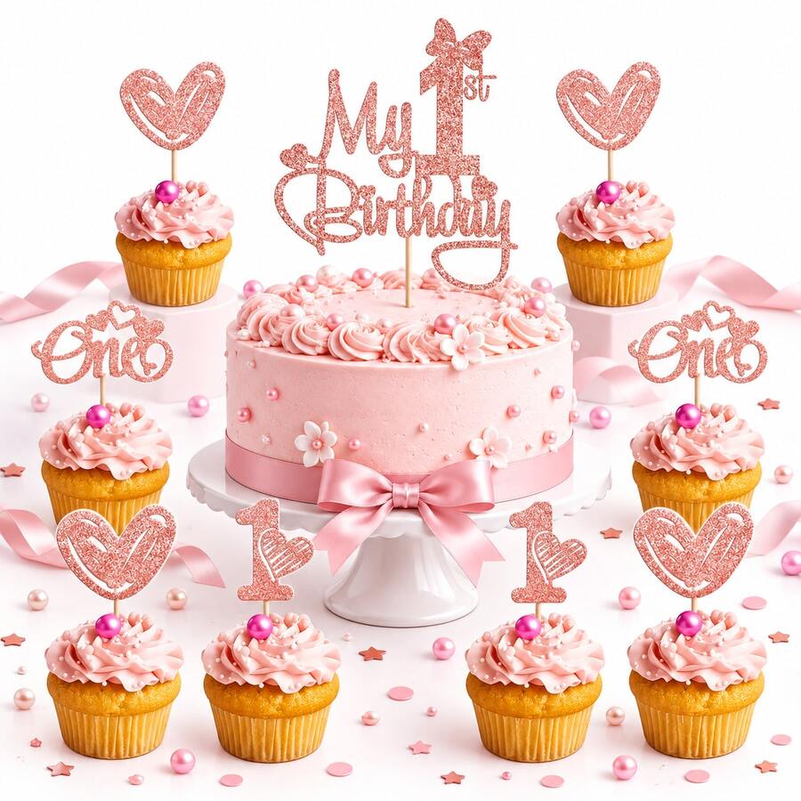 1pc/12pcs One Cupcake Toppers Glitter 1st Birthday Cupcake Picks For Baby Shower First Birthday Party Cake Decorations Supplies - Multicolor - View 1
