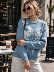 2026 Retro French Butterfly Jacquard Knit Pullover, Light Blue Crew Neck Long Sleeve Loose Sweater, Casual Women Fall Top - Sky Blue - View 3