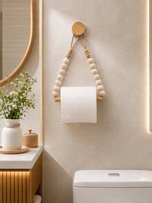 1/2pcs No-Drill Wall-Mounted Toilet Paper Holder, Kitchen Wall-Mounted Paper Towel Rack With Hooks, Modern Home Fashion Accessory, Bohemian Style Hanging Paper Towel Roll - Brown - View 1