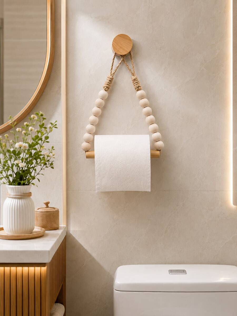 1/2pcs No-Drill Wall-Mounted Toilet Paper Holder, Kitchen Wall-Mounted Paper Towel Rack With Hooks, Modern Home Fashion Accessory, Bohemian Style Hanging Paper Towel Roll - Brown - View 1
