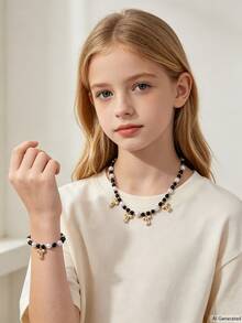 2Pcs Bow Pearl Beaded Necklace & Bracelet Set, For Autumn & Winter Daily Wear, Birthday & Year-End Party Gifts For Girls - Black - View 11