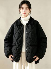 YUXIN Women's Loose Quilted Jacket Black Thickened Warm Coat Corduroy Collar Front Button Pockets Design Versatile Casual Top Suitable For Office Commute Travel Date Autumn Winter - Black - View 6
