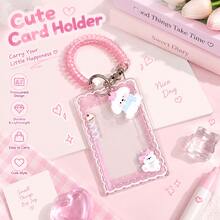 Kawaii Pink ID Card Holder With Retractable Reel, Cute Clear Sliding Card Case, Aesthetic Badge Holder With Charm For Daily Use - Multi-color - View 6