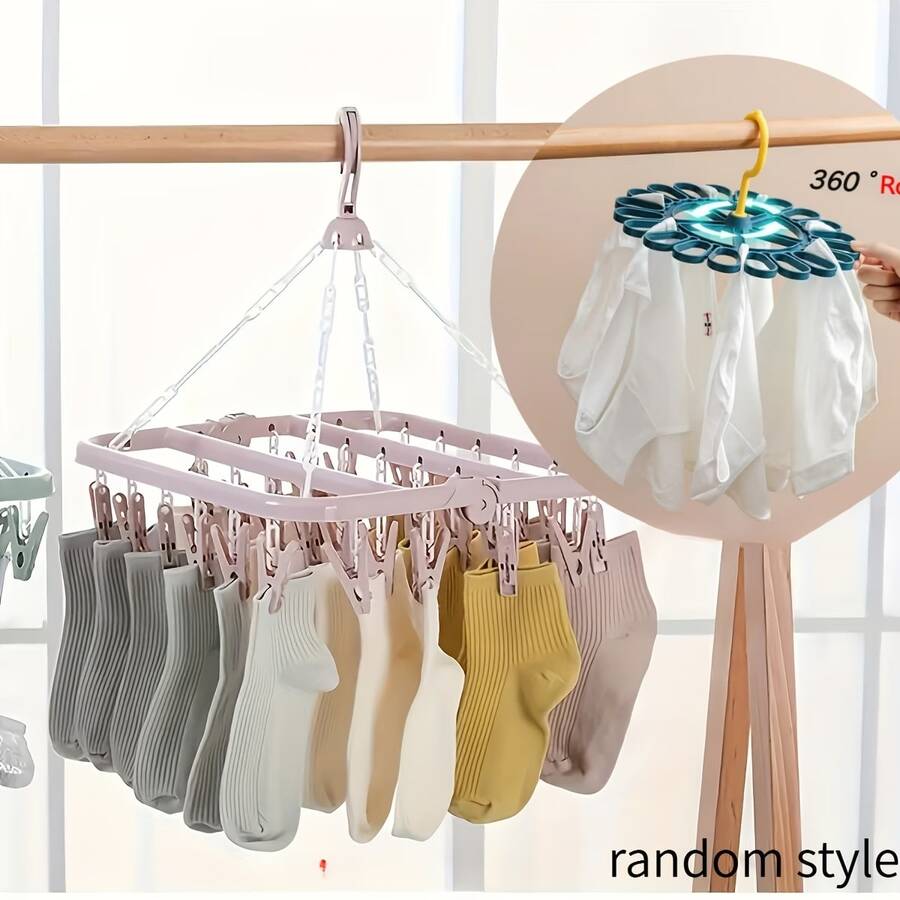 Giá phơi tất và đồ lót xoay 360° bằng nhựa kiểu ngẫu nhiên - Móc treo quần áo bền cho gia đình, phòng tắm, phòng ngủ, tủ quần áo hoặc ký túc xá, phụ kiện phòng giặt, giá phơi, kẹp quần áo - Nhiều màu - Xem 1