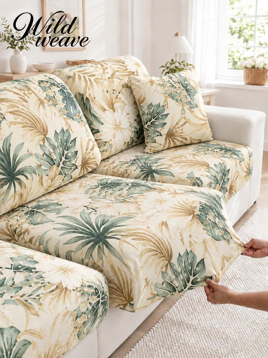 1pc Leaf Print Elastic Sofa Seat Cushion Cover, All Season