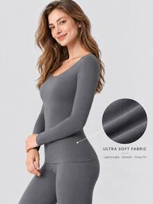 Women's Ultra-Thin Warm Thermal Base Layer Top, Long Sleeve Round Neck High Elastic Slim Fit Undershirt, Autumn/Winter - Grey - View 3