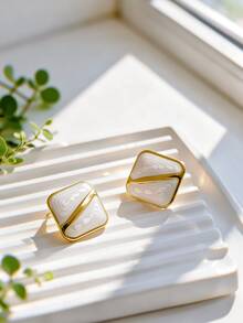 Multi-Color Square Enamel Stud Earrings Set, Stainless Steel Textured Geometric Women's Earrings, Low Sensitivity Fade-Resistant, Fashionable Versatile Eye-Catching - Multicolor - View 7