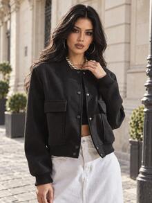 TRAFZA Women's Retro Solid Color Long Sleeve Jacket With Pockets And Buttons, Casual Autumn Bomber Jacket Black Spring - Black - View 9