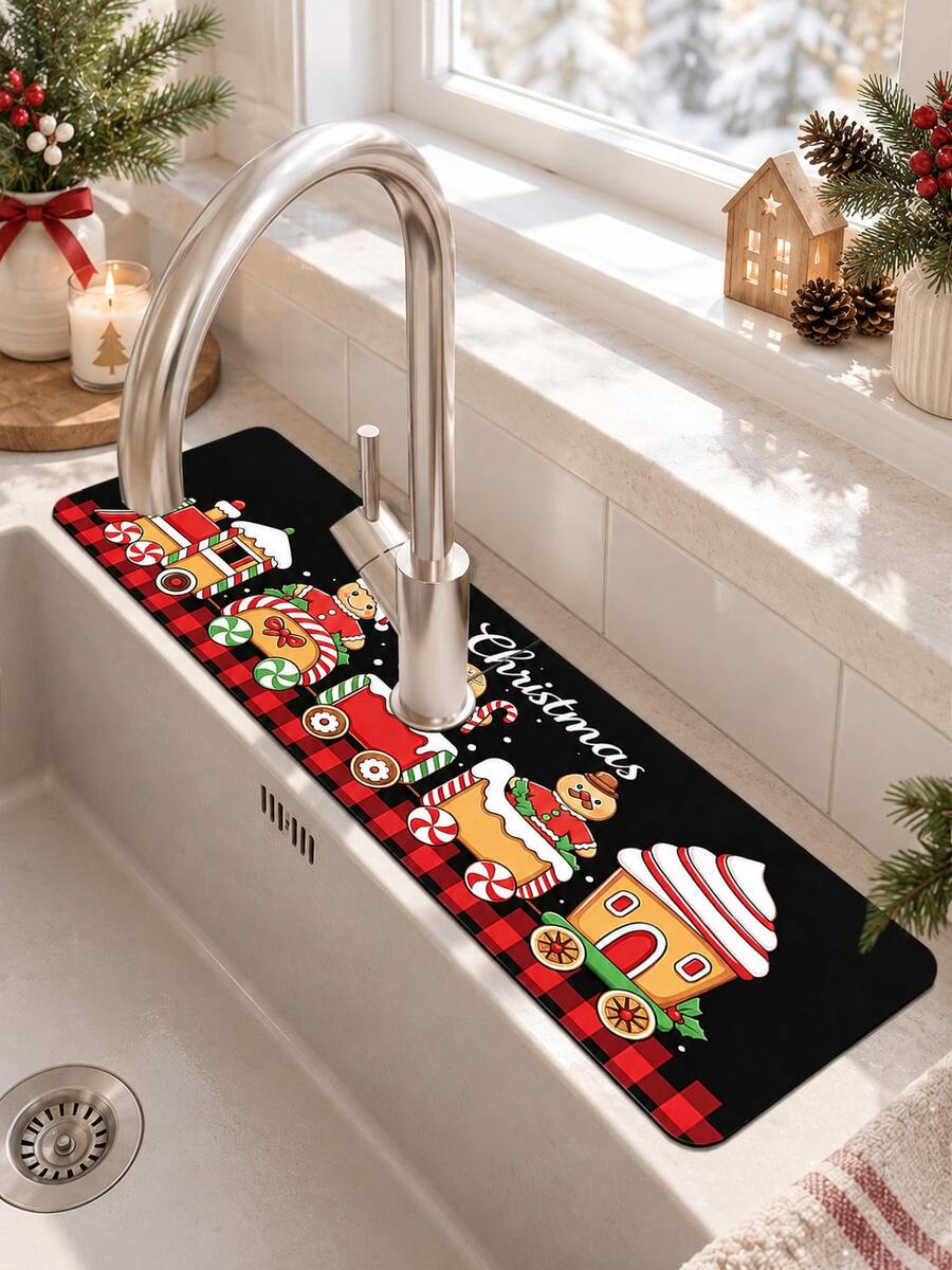 1pc Christmas Gingerbread Man Pattern, Sink Faucet Water Absorbent Mat, Drainage Mat, Suitable For Kitchen, Bathroom Sink, Countertop, Drainage Mat, Diatomaceous Earth Material, Trimmable, Quick-Drying Mat - Multicolor - View 1