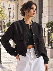 TRAFZA Women's Retro Solid Color Long Sleeve Jacket With Pockets And Buttons, Casual Autumn Bomber Jacket Black Spring - Black - View 10