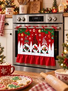 Christmas Elf Family Red Cardinal Print Oven Curtain, Red Scalloped Edge Fabric Oven Curtain, Christmas Kitchen Holiday Decor - Three Dwarfs - View 9
