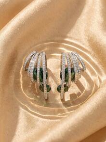 Swarovski 1pair Silver Tone Layered Hoop Earrings With Green & Clear Glass Rhinestone, Statement Cuff Earrings For Women Party Jewelry - Silver - View 1