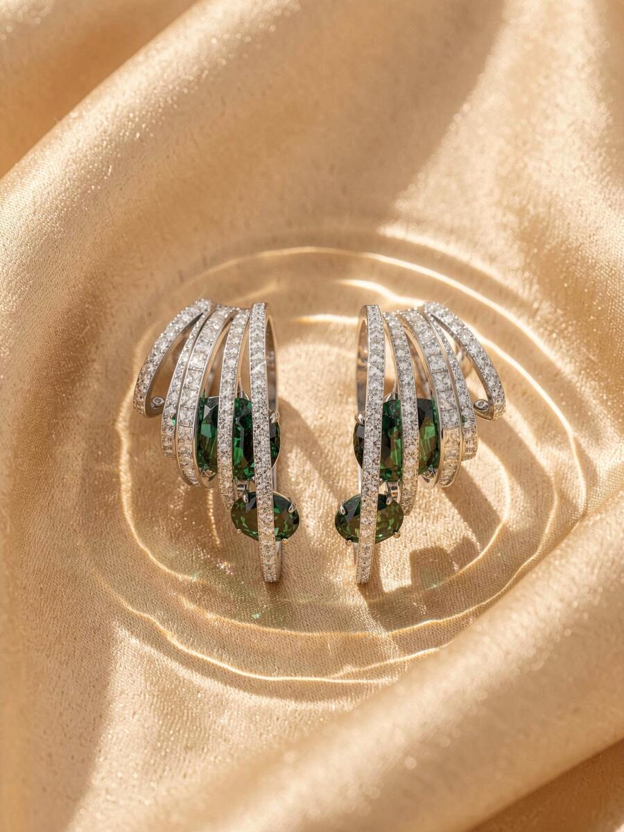 Swarovski 1pair Silver Tone Layered Hoop Earrings With Green & Clear Glass Rhinestone, Statement Cuff Earrings For Women Party Jewelry - Silver - View 1