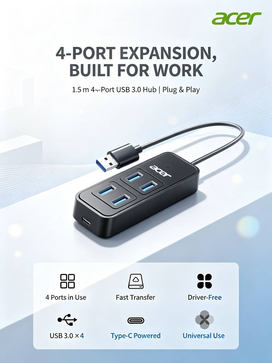 Acer USB 3.0 4-Port Hub Splitter Extension Cable Converter 1-To-4 With ...