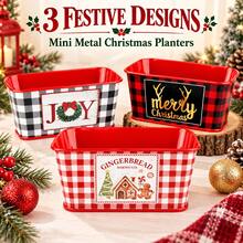 1pc Mini Metal Christmas Planter Boxes, Rectangular Holiday Flower Pots With Buffalo Plaid, Joy And Gingerbread Prints, Decorative Plant Containers For Tabletop, Home Decor, Party And Gift Basket - Christmas Flower Pot - View 1