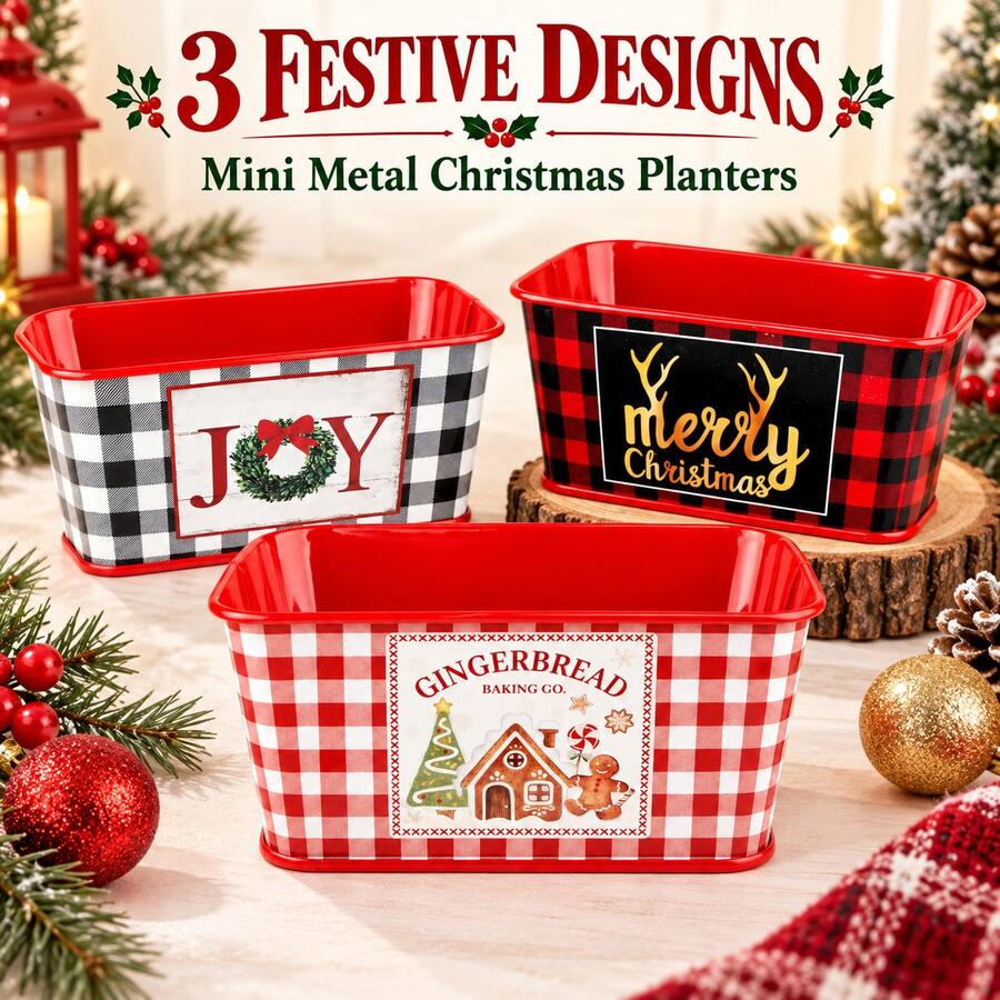 1pc Mini Metal Christmas Planter Boxes, Rectangular Holiday Flower Pots With Buffalo Plaid, Joy And Gingerbread Prints, Decorative Plant Containers For Tabletop, Home Decor, Party And Gift Basket - Christmas Flower Pot - View 1