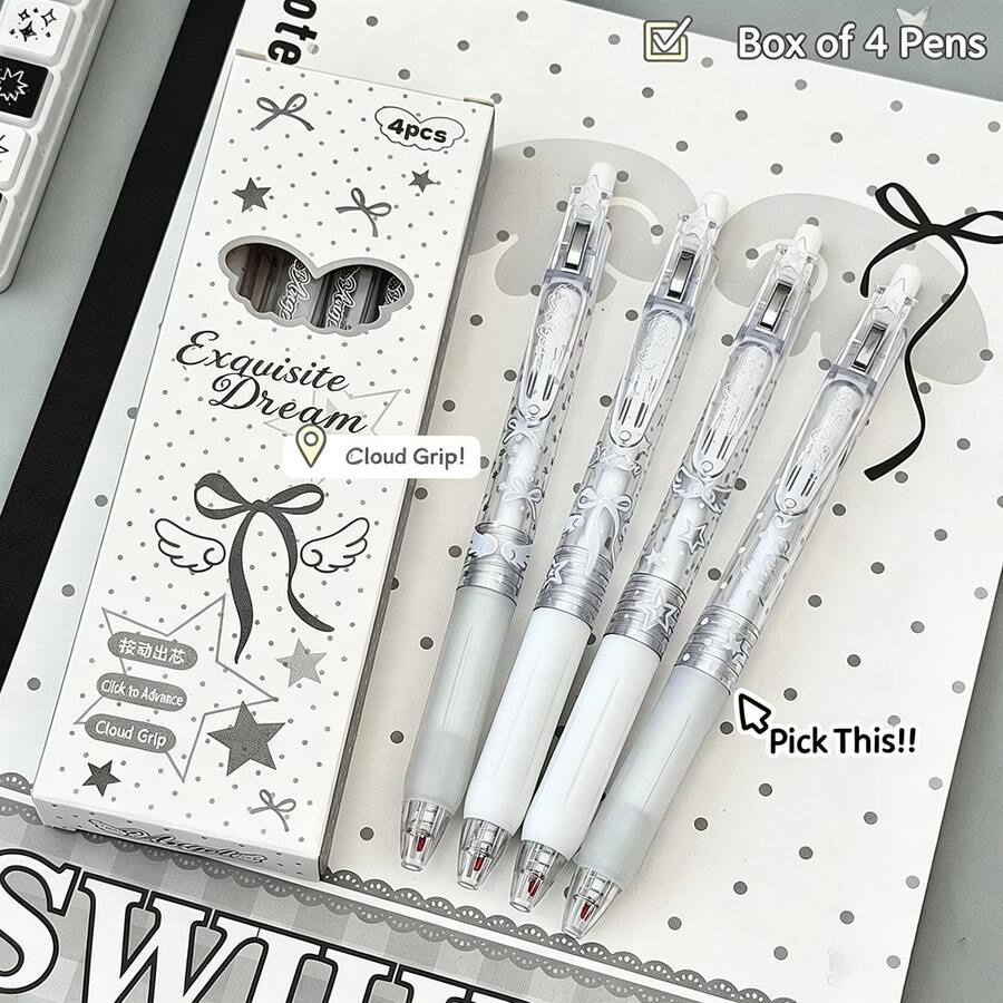 4pcs Angel Light Bow Click Neutral Gel Pens With Soft Rubber Grip, Highly Attractive Boxed Black Ink 0.5mm Student Exam Pens