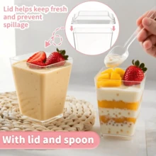 5oz Reusable Square Plastic Dessert Cups With Lids & Spoons, 50/100 Pack Dessert Bowls Containers For Pudding, Mousse, Party & Picnic - Transparent - View 10
