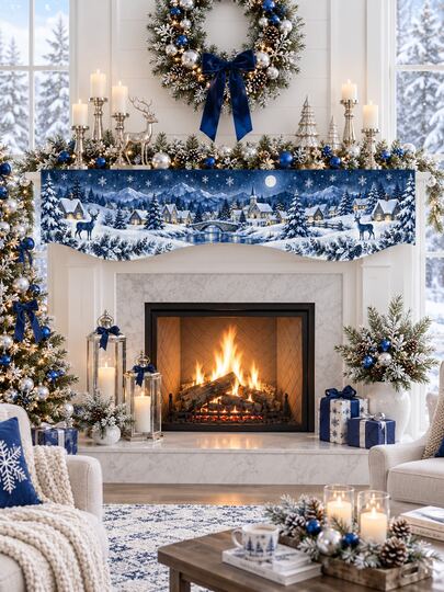 1pc Christmas Fireplace Mantel Scarf, 6 Festive Print Options, Polyester Scalloped Mantel Cover With Train, Snowy Village, Ornaments, Cardinals & Gingerbread Designs For Christmas Home Living Room Decor