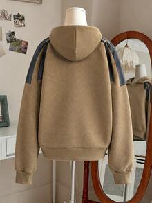 Women's Khaki Contrast Panel Hoodie, Relaxed Pullover Sweatshirt With Kangaroo Pocket, Casual Streetwear - Coffee Brown - View 2