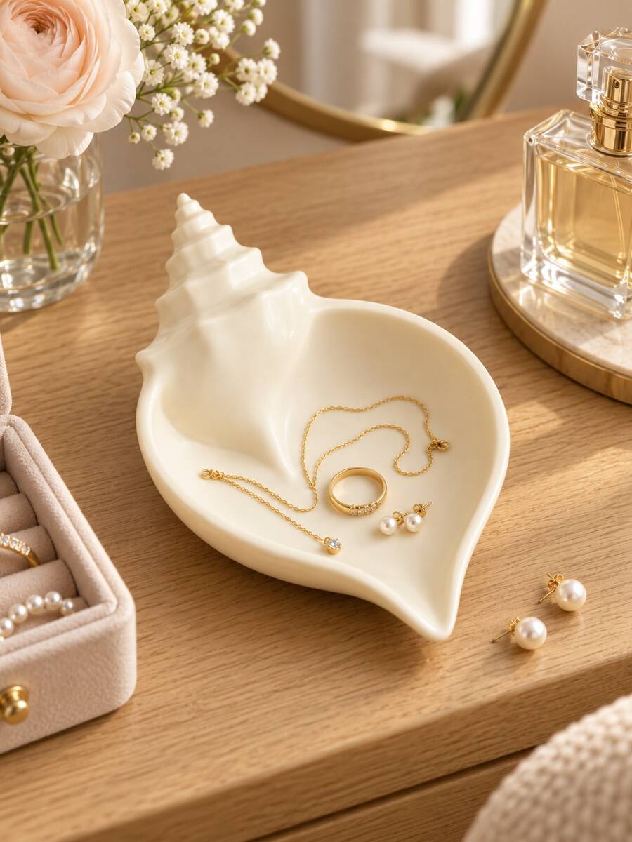 1pc Elegant Seashell Jewelry Tray, Decorative Conch Shell Trinket Dish For Rings, Earrings, Watches, Hair Clips And Small Accessories, Vanity Bedroom Bathroom Storage, Suitable For Women, Wedding Bridesmaid Gift, Room Decor, Jewelry Home Decor - Multicolor - View 1