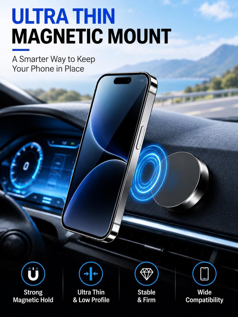 1 buah Dudukan Ponsel Mobil Mini Ultra Tipis Magnetik Klip Dashboard Berputar 360° Genggaman Kuat Pengoperasian Satu Tangan Kompatibel dengan Ponsel dan Android Aksesori Mobil Bebas Genggam Perlengkapan Perjalanan Hadiah Hari Ayah Perjalanan Musim Panas