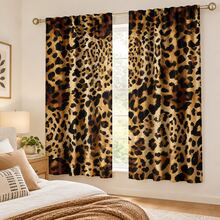 2pcs Leopard Print Decorative Curtains, No-Drill Rod Pocket Design, Easy Installation And Removable, Polyester Material, Vintage Animal Fur Pattern Bedroom Living Room Curtains, Perfect For Living Room, Bedroom, Cafe, Kitchen, Home Decor - Multicolor - View 8