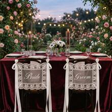1 Set Bride & Groom/Wedding Chair Back Decor, Elegant Lace Chair Back Decoration With White Satin Ribbon, Romantic Outdoor Ceremony Reception Chair Cover, Country Garden Wedding Bride Table Decor, Wedding Party/Sweetheart Table Party Decoration, Aesthetic - View 5