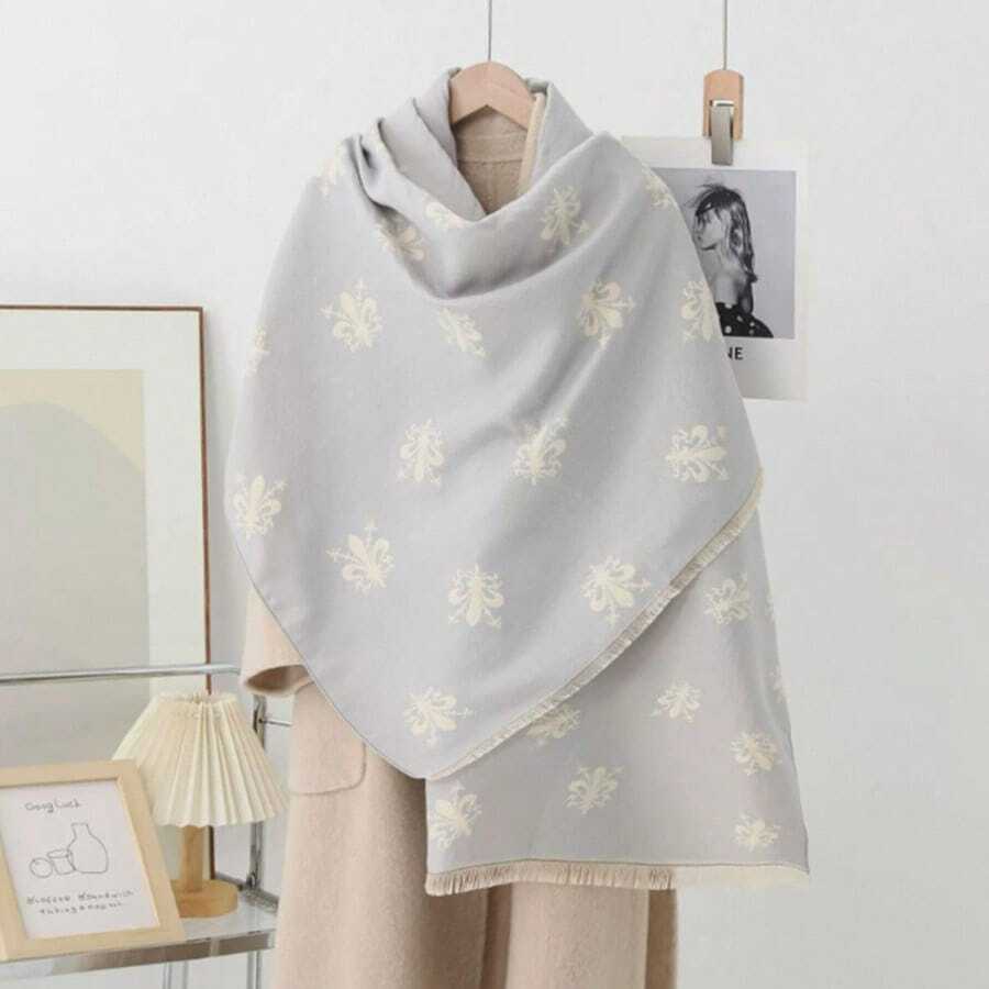 1pc Faux Cashmere Minimalist Elegant Iris Flower Pattern Jacquard Women's Scarf - Light Grey - View 1