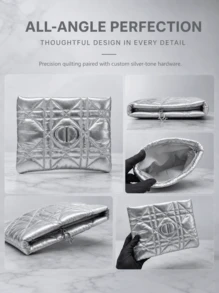 Tas Kosmetik Dior Silver Quilted Diamond Pattern, Finishing Mengkilap Metalik, Kantong Penyimpanan dengan Resleting Logo CD, Tas Clutch Perawatan Kulit Portabel Kapasitas Besar, Hadiah Mewah - Perak - View 3