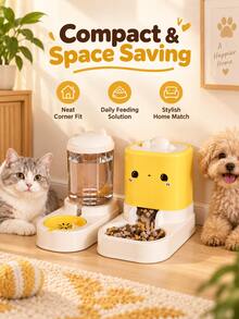 2-In-1 Automatic Pet Feeder And Water Dispenser Set, Independent Combination Design, Gravity-Fed Cat Food Feeder, Large Capacity Dog Food Water Station, Cute Cartoon Design Suitable For Kittens, Puppies And Small Pets - Large Capacity - View 3