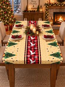 1 buah Taplak Meja Elastis Motif Pohon Natal dan Rusa, Taplak Meja Bundar & Persegi Motif Kotak-kotak Merah Krem dari Sutra Susu dengan Garis Tengah Motif Kepingan Salju, Dekorasi Meja Makan Pelindung Elastis Lembut untuk Makan Malam Natal, Pesta & Rumah Musim Dingin - MultiWarna - View 5