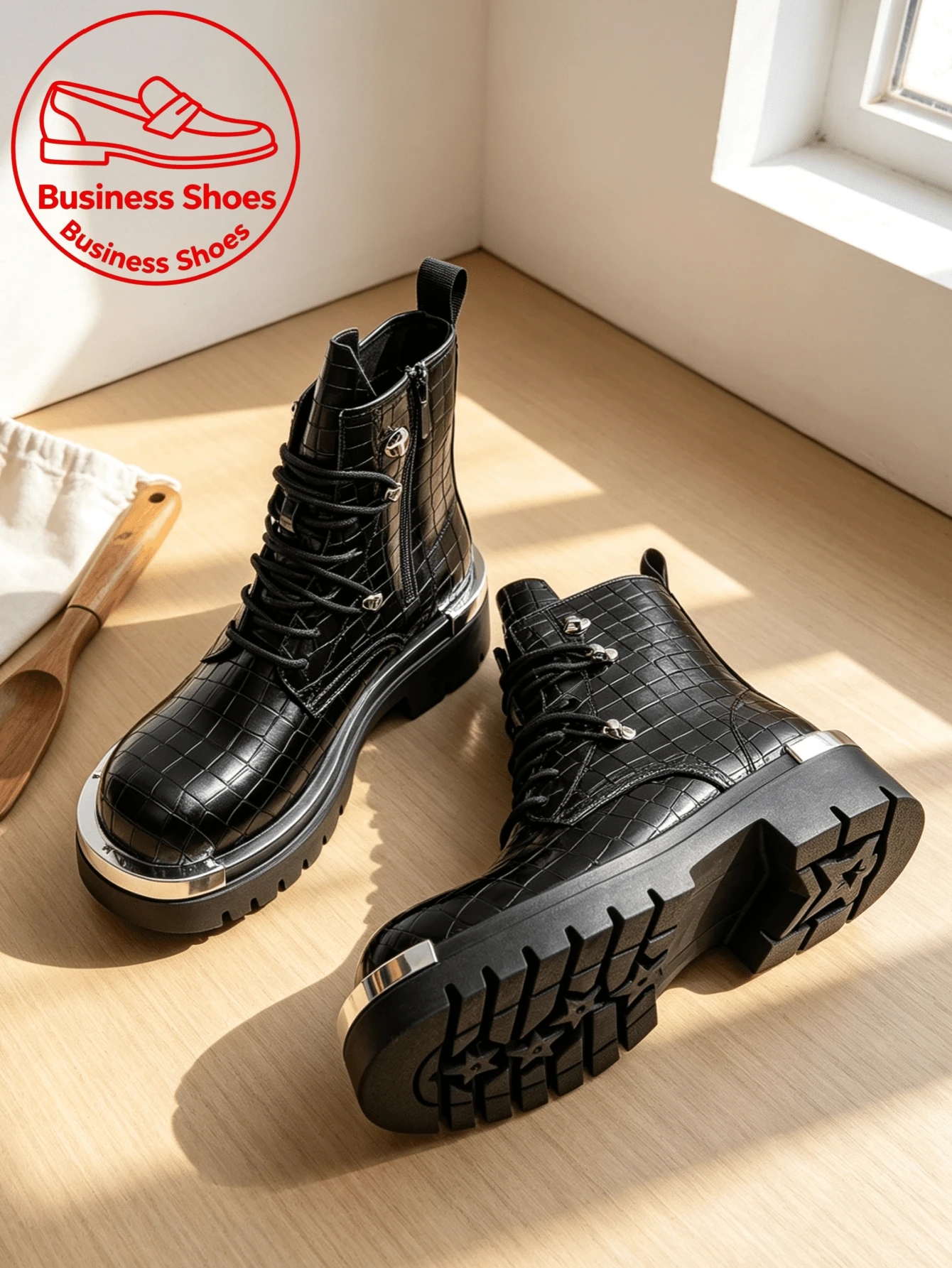 Sepatu Bot Pria Hitam Motif Buaya Timbul dengan Pelindung Jari Kaki Logam, Sol Tebal, Resleting Samping dan Desain Bertali, Sepatu Bot Motor Penambah Tinggi, Sepatu Bot Derby Retro Modis untuk Pria