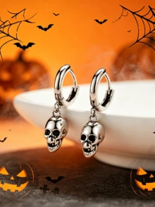 1 Pair Halloween Skeleton Earrings, Gothic Punk Fashion Earrings For Women - Antique Silver - View 3