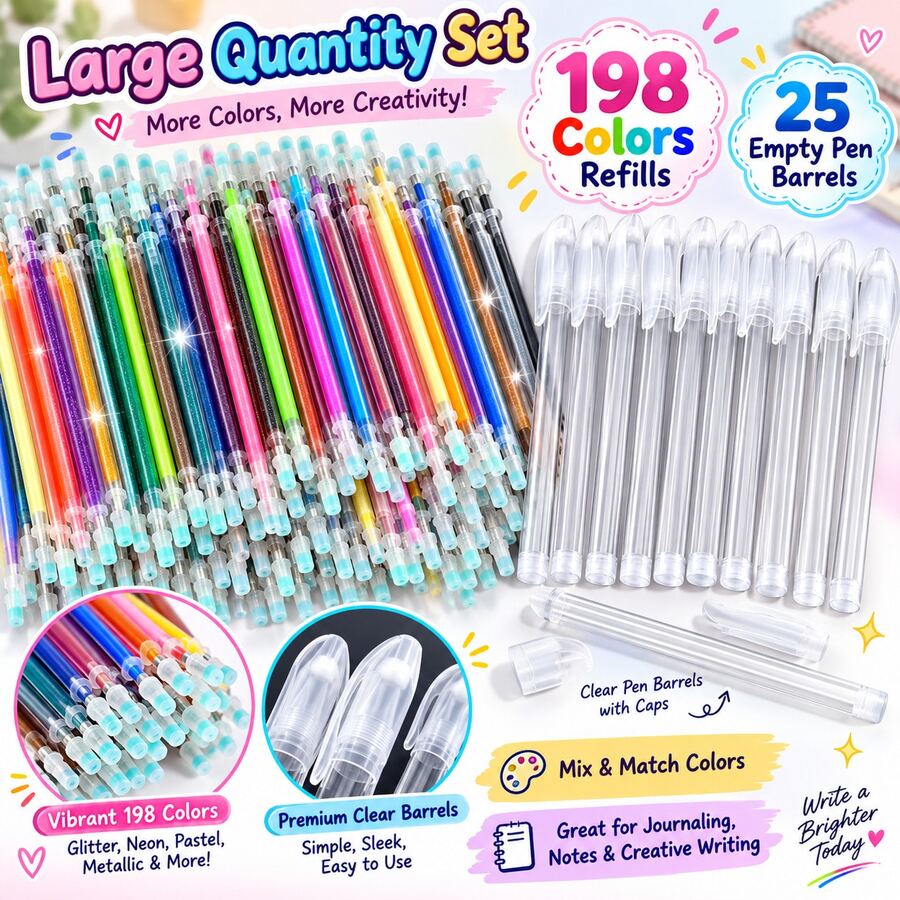 223-Piece Glitter Gel Pen Set, 25 Clear Pen Barrels + 198 Color Refills, 0.5mm Bullet Tip, Sparkling Multicolor Writing Pens For Journaling, Notes, Cards, Planners & DIY - 198 Refills + 25 Empty Pen Barrels - View 1